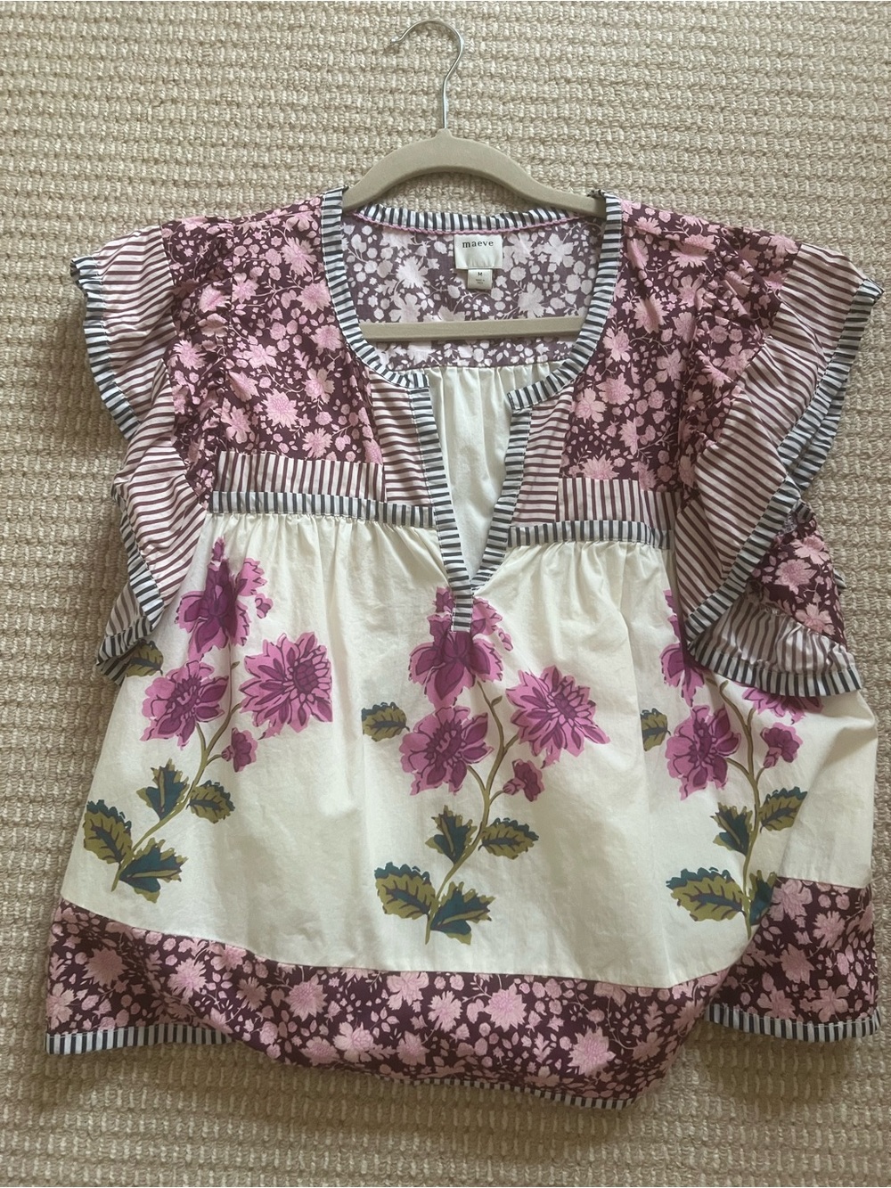 Maeve Floral Patchwork Short Sleeve Top - Pink, Cream, Olive
